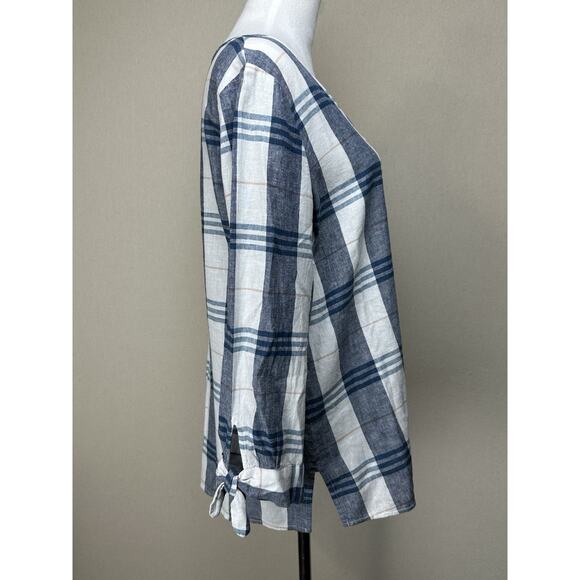 Liz Claiborne 3/4 Sleeve Tunic Blouse Top M Linen Cotton Blend Blue White Plaid - Picture 5 of 15